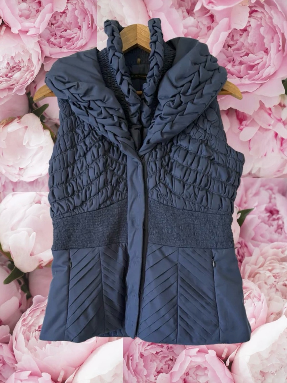 Elie Tahari Dark Navy Quilted Hooded Vest with Smocked Waist